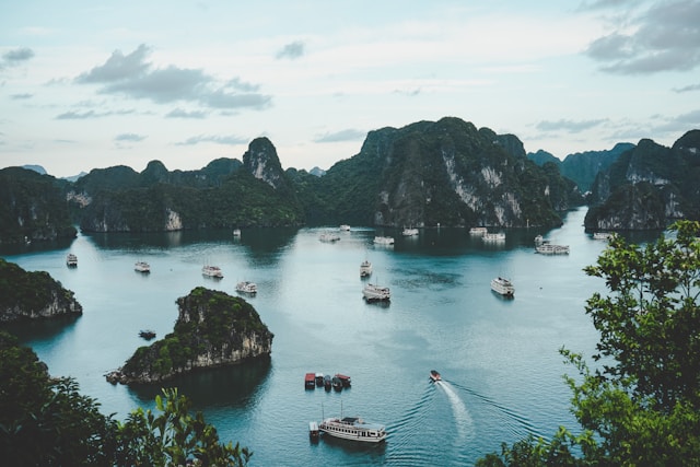 Aerial drone photo of Ha Long Bay, Vietnam, showing limestone karsts and turquoise sea