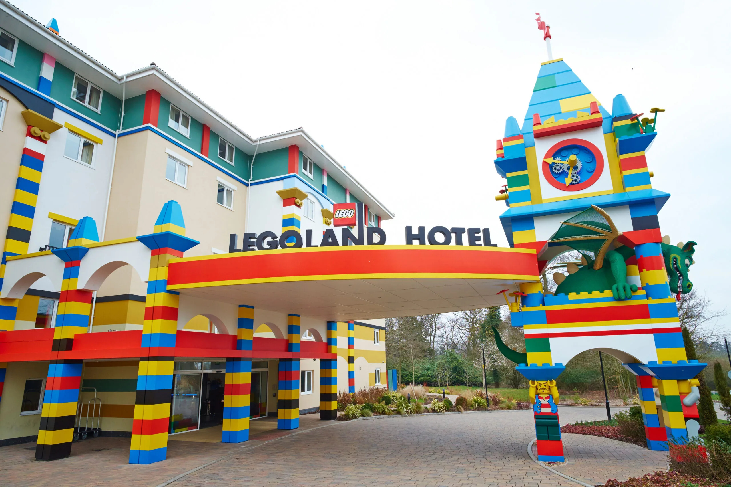 Themed Lego-style hotel entrance at Legoland Malaysia with playful decorations.