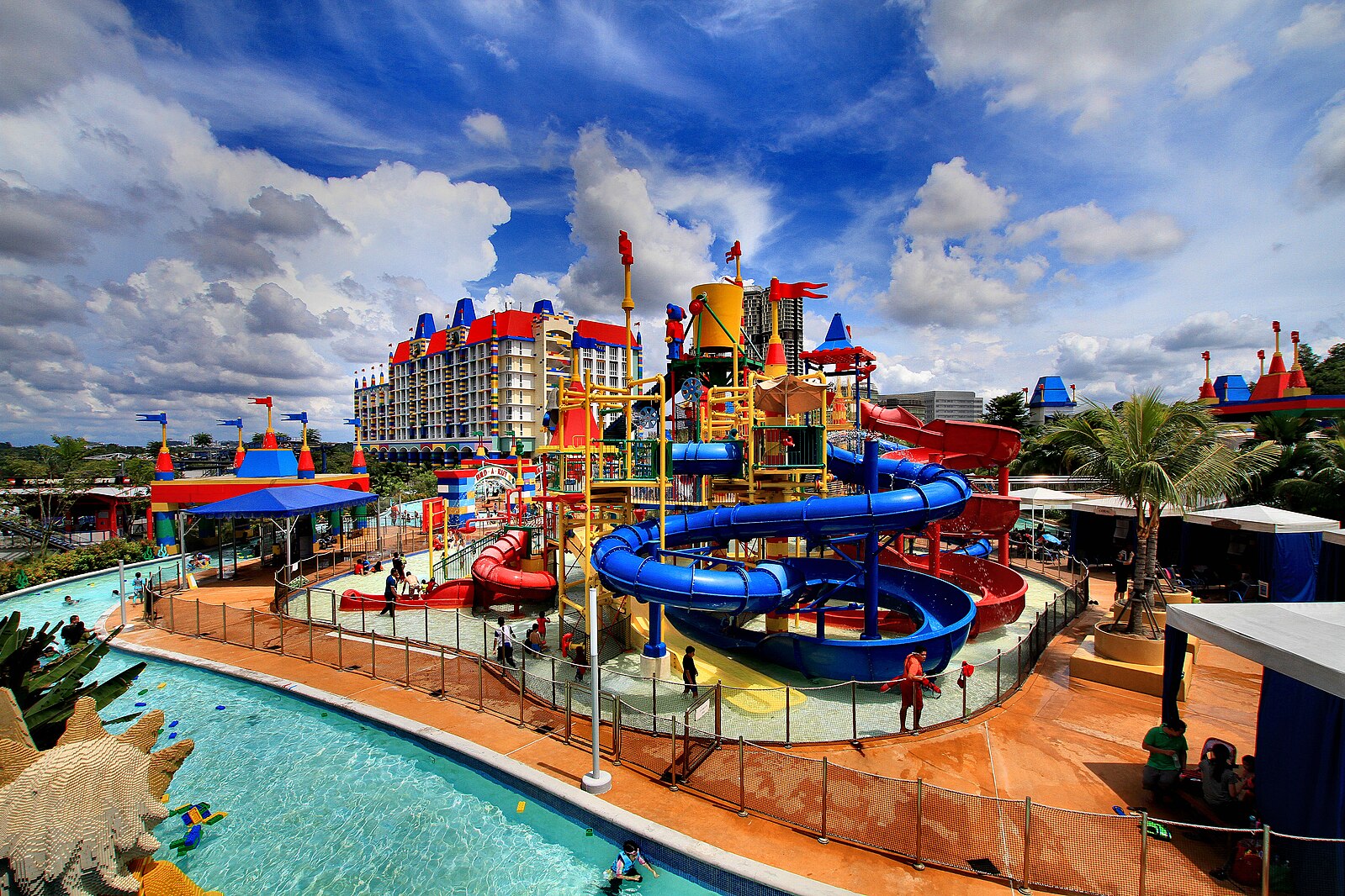 Colorful water slides at Legoland Malaysia Water Park.