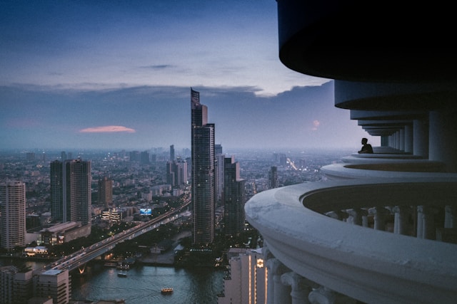 Rooftop bar with panoramic view of Bangkok city lights